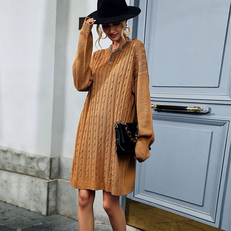 SOLID COLOR CASUAL TWISTED LONG SWEATER DRESS