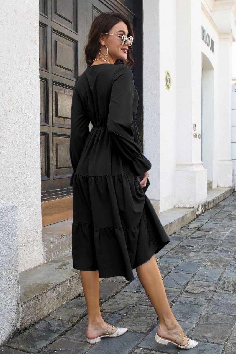 CWDSD6430_FALL V-NECK DRESS WITH FLARED SLEEVES