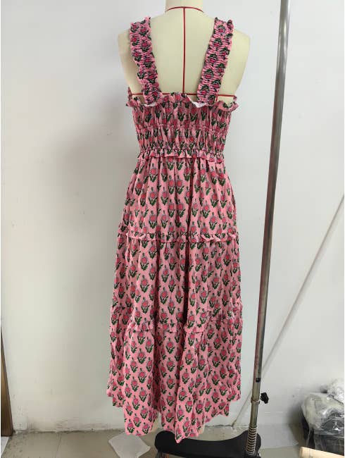 Vacation style long French floral halter dress