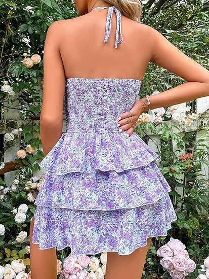 PRINTED CROSS HALTER WAIST SEXY SHORT DRESS