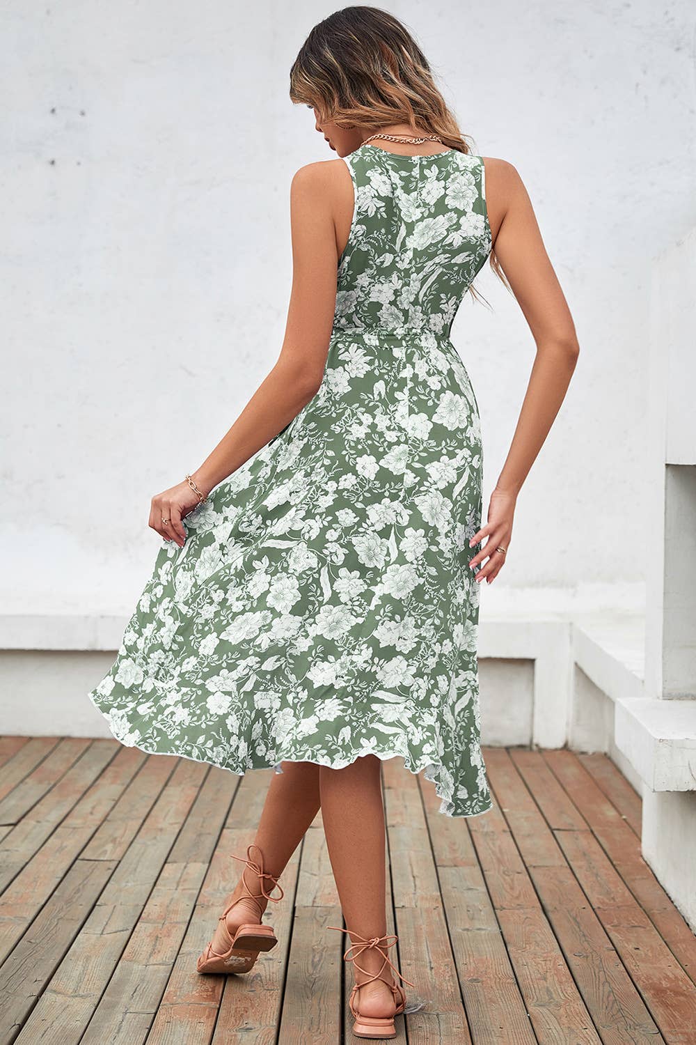 Ruffled LACES cinched waist long halter dress