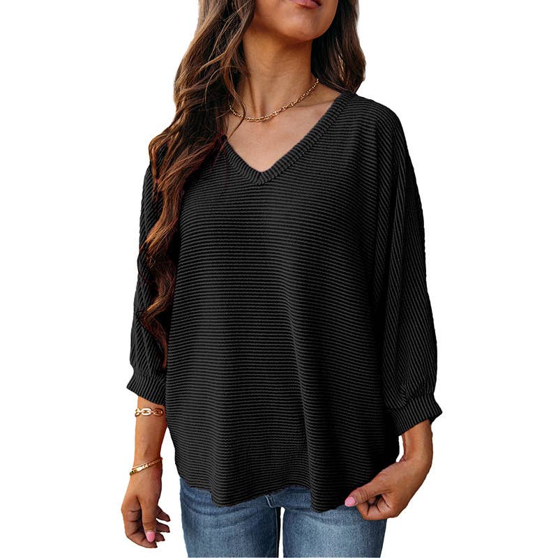 SOLID COLOR V-NECK CASUAL LOOSE KNIT PULLOVER