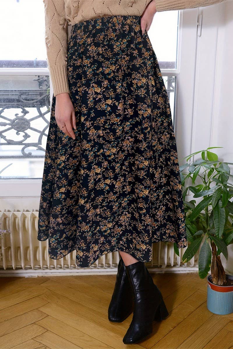 CWBLS0446_LADIES ELEGANT COMMUTER PLEATED FLORAL SKIRT