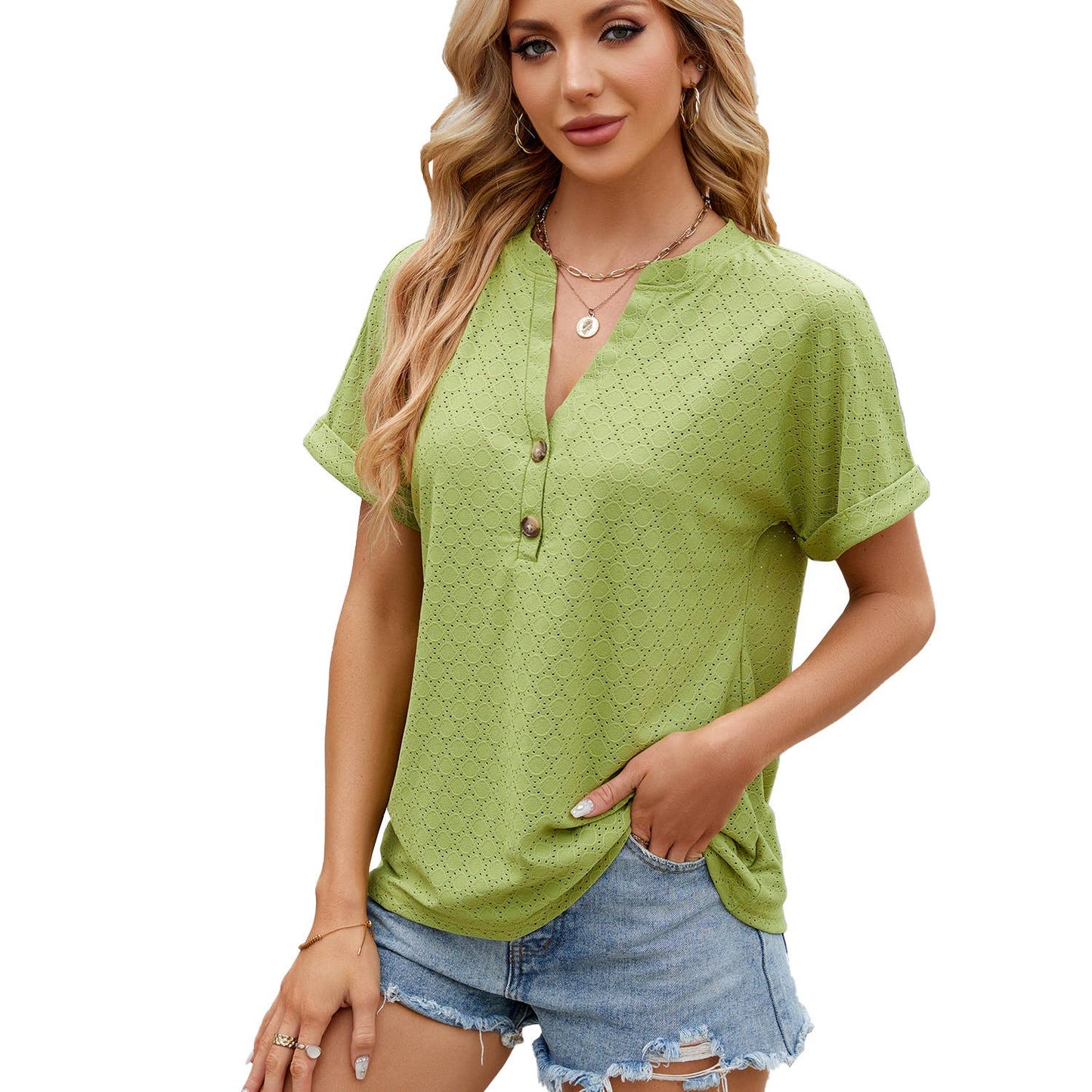 Solid color V-neck loose short-sleeved T-shirt