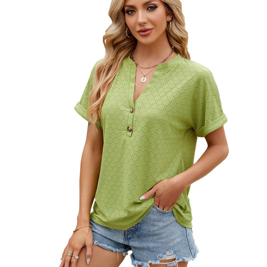 Solid color V-neck loose short-sleeved T-shirt