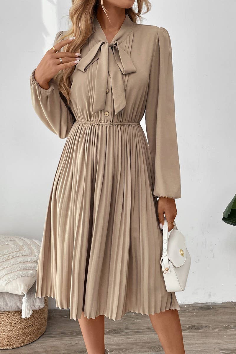 CWDMD4797_SPRING AND AUTUMN BOW TIE PLEATED DRESS