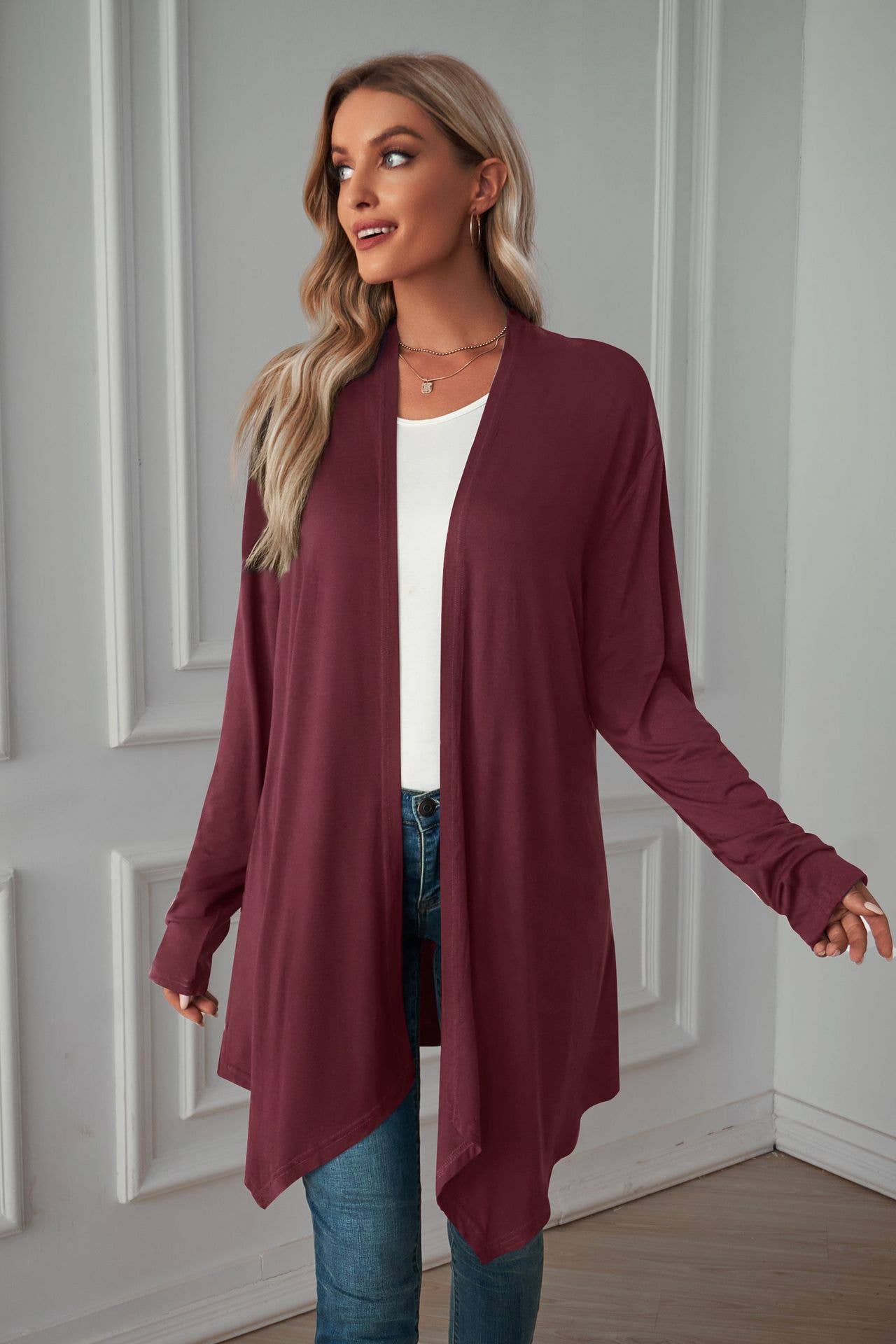 Solid-color,buttonless long-sleeved cardigan