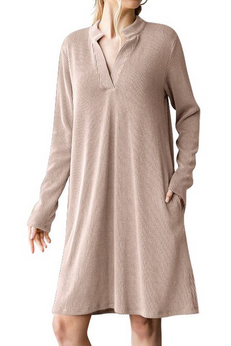 CWDSD6681_SOLID COLOR V-NECK LONG SLEEVE LOOSE DRESS