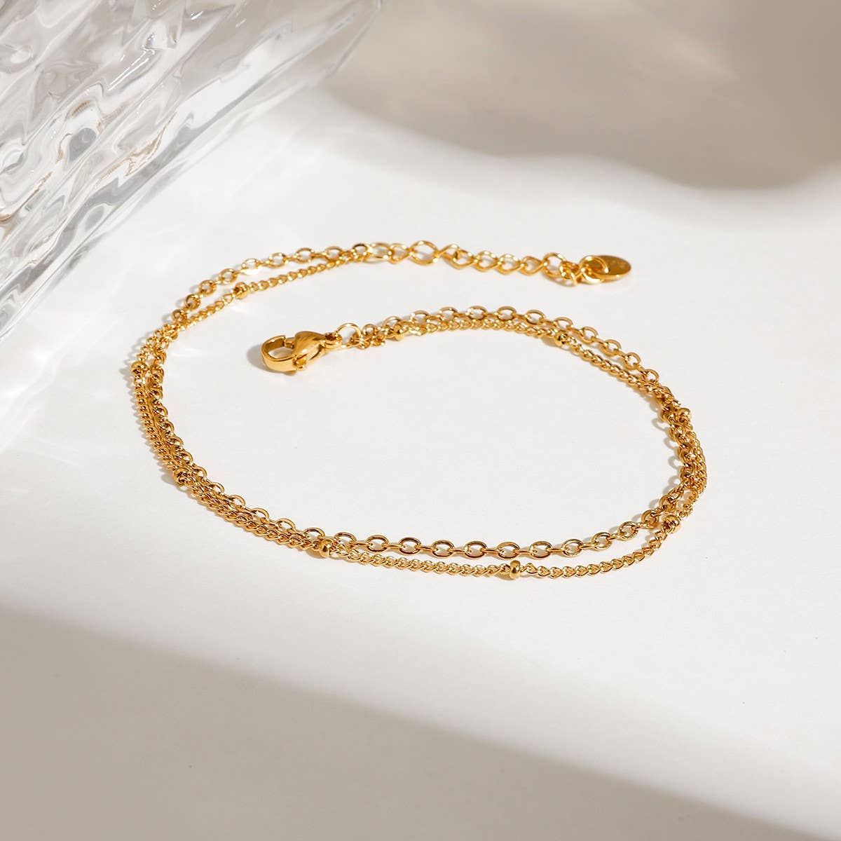 Trendy 18K Gold Beaded O-Link Double Anklet