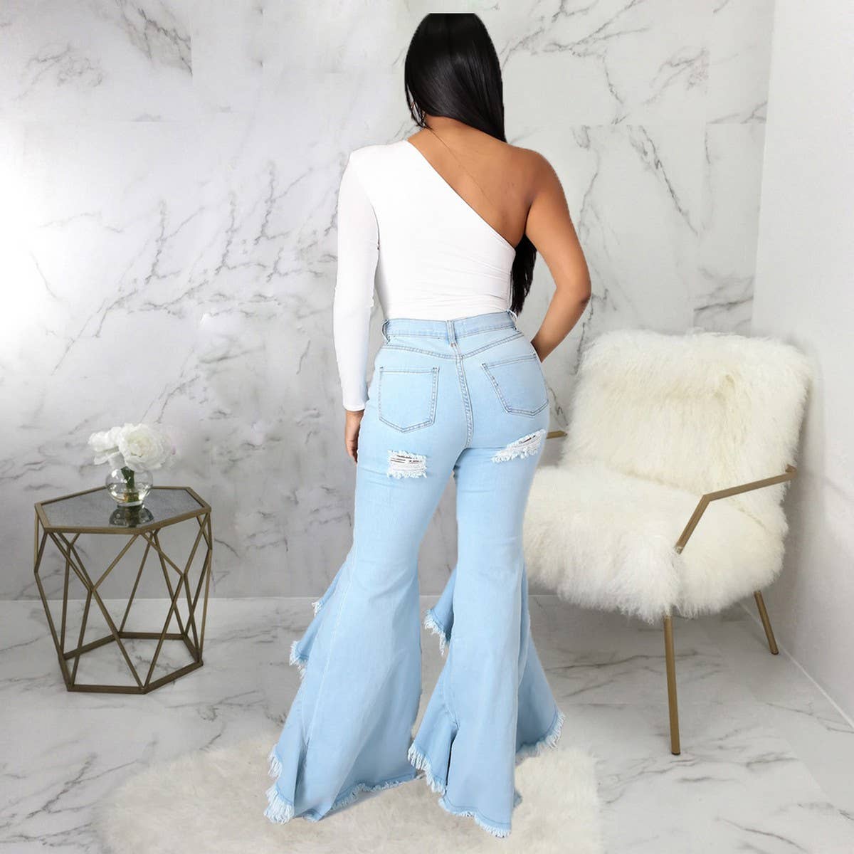 HOLE WASHED DENIM BELL BOTTOMS WIDE LEG PANTS_CWJP0086