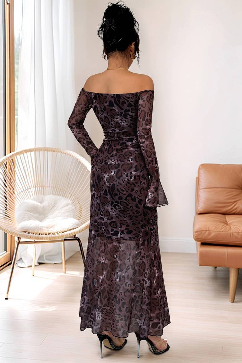 CWDMD6282_OFF-SHOULDER MESH LEOPARD PRINT LONG SLEEVE DRESS