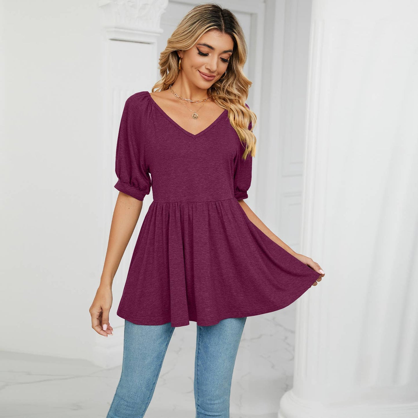 V-NECK BUBBLE SHORT SLEEVE T-SHIRT TUNIC