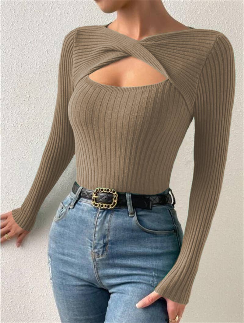 Sexy cut-out pullover solid-color knitted top