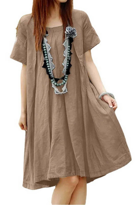 CWDSD5500_LOOSE PLEATED ROUND NECK SHORT SLEEVE DRESS