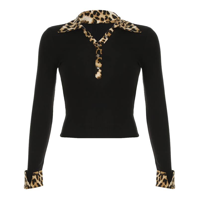 LEOPARD PATCHWORK V-NECK COLOR CONTRAST T-SHIRT