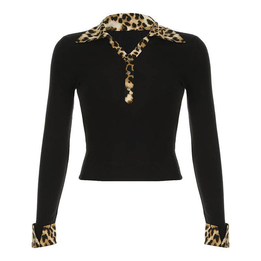 LEOPARD PATCHWORK V-NECK COLOR CONTRAST T-SHIRT