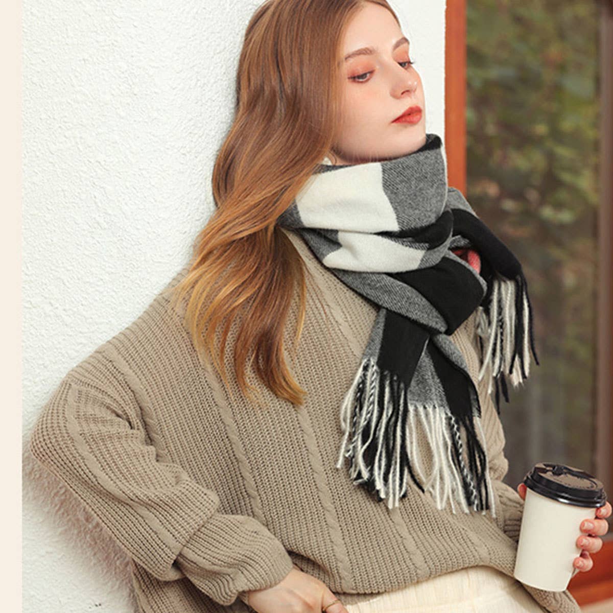 Plaid Faux Cashmere Scarf - Thick Warm Neck Wrap_CWASC0242