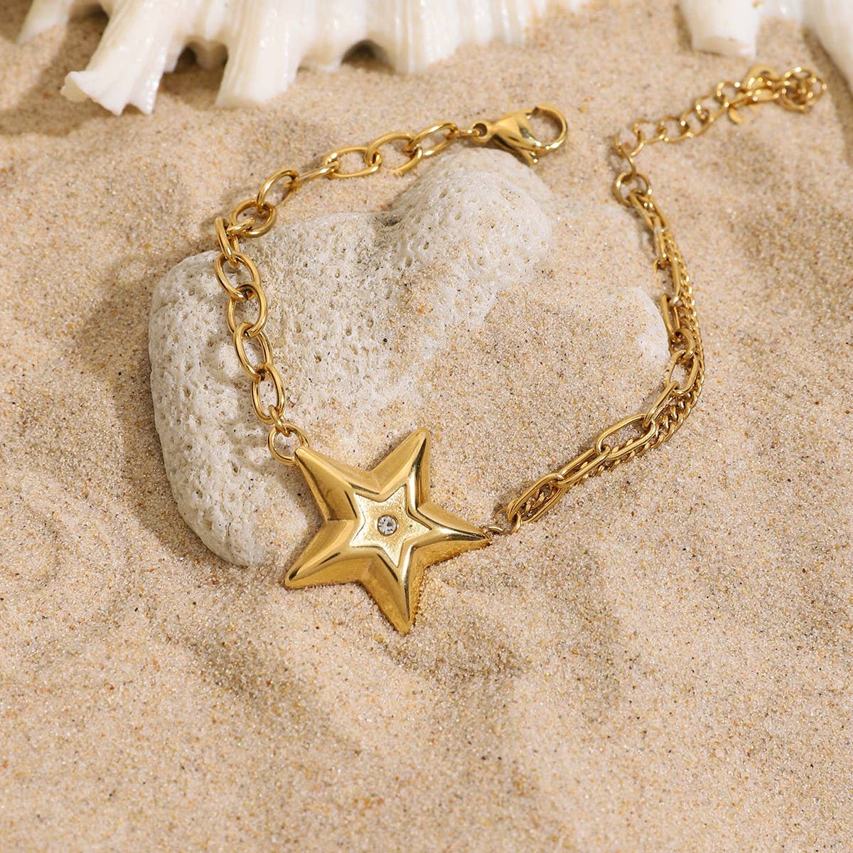 Designer 18K Gold Star Bracelet with White Zircon