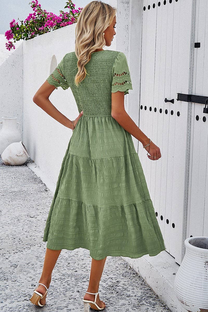 CWDSD2795_Smocking Detailed Short Sleeve Dress