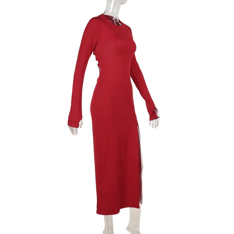 KNIT CREW NECK SPLIT LONG SLEEVE HALTER DRESS