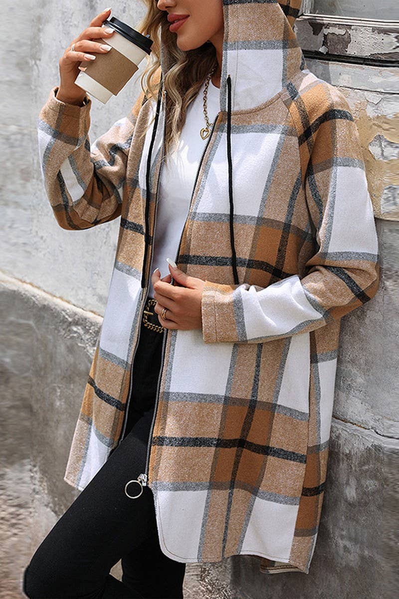 CWOCO0646_LOOSE CHECK ZIP-UP LONG HOODED COAT