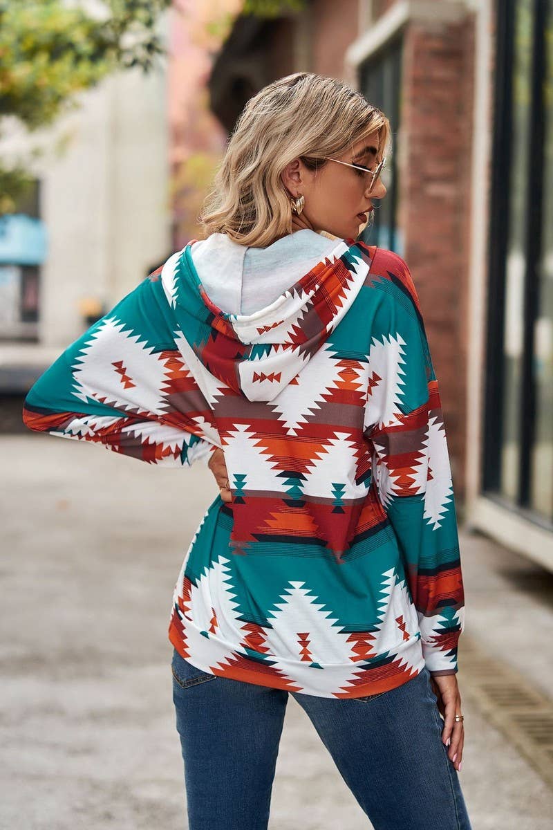 WOMEN AZTEC PRINTING DRAWSTRING WESTERN HOODIE_CWOHOL0177