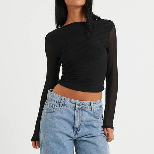 ROUND NECK SOLID COLOR MESH PLEATED CROP TOP