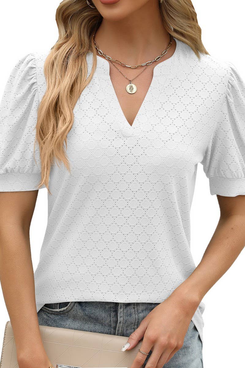 V NECK PUFFY SLEEVE PLEATED LOOSE T SHIRT_CWTSTS0181