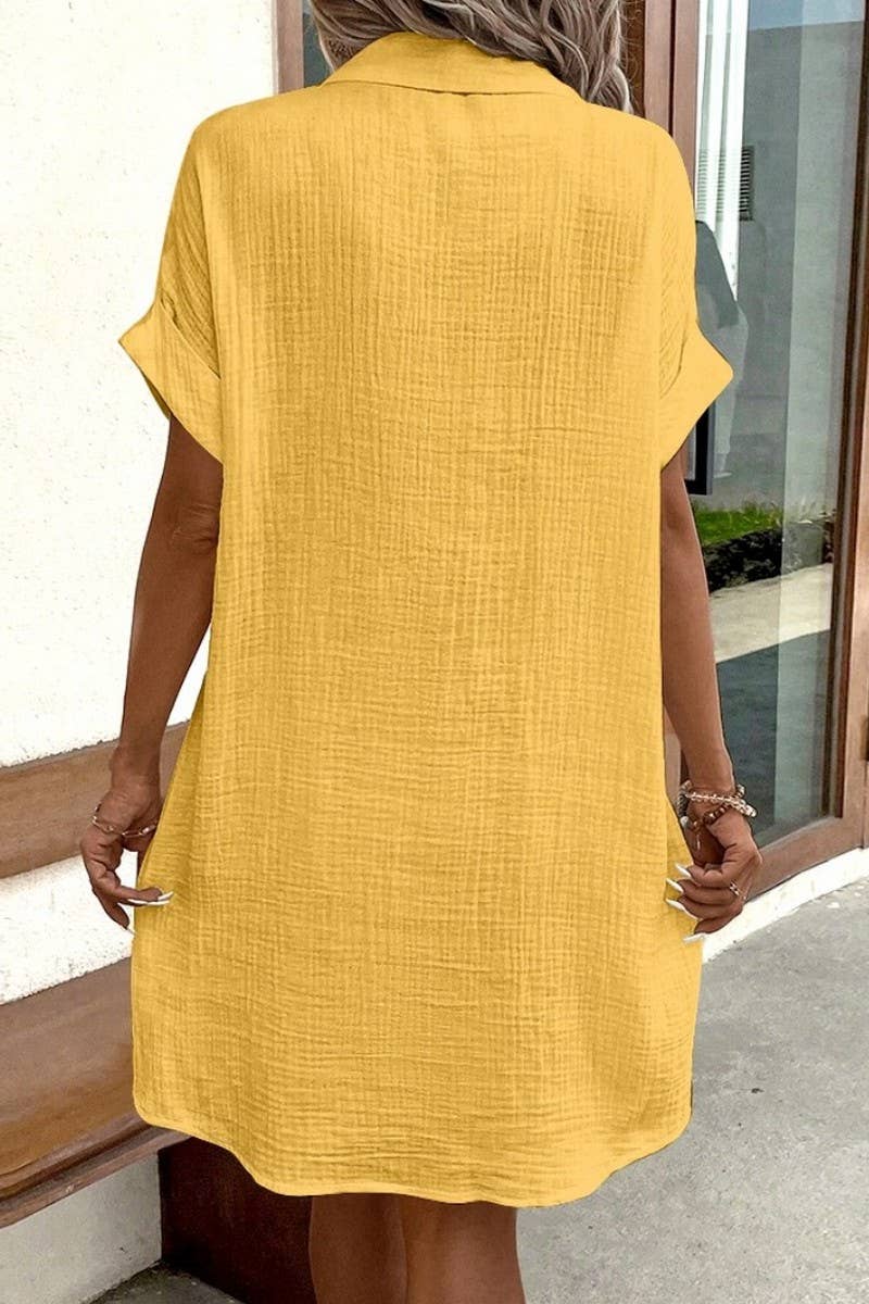 CWDSD10629_WOMEN'S SIMPLE V-NECK BUTTON SHIRT DRESS