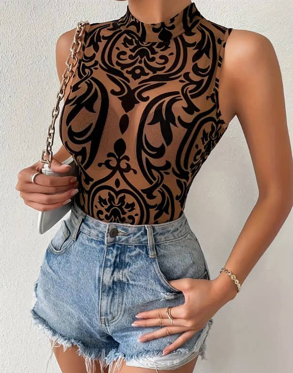 Sexy geometric pattern semi-transparent jumpsuit