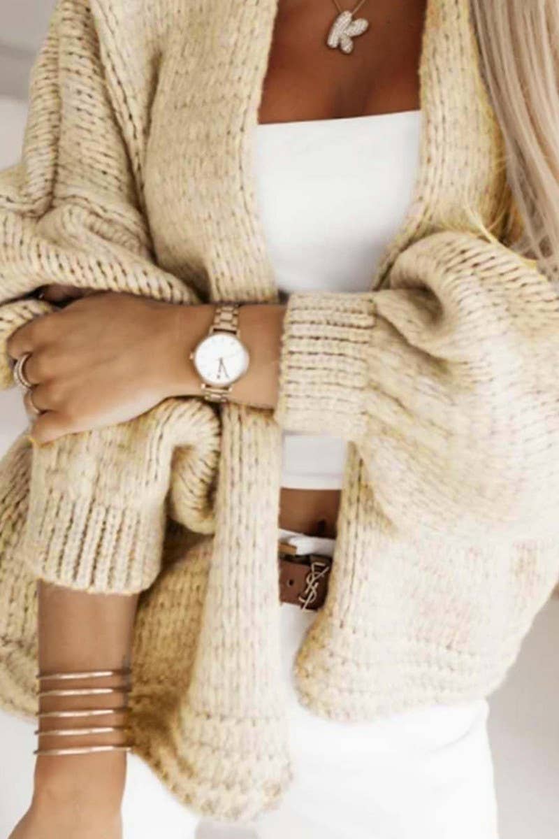 CWOCAL00728_SOLID CHUNKY KNIT V NECK LANTERN SLEEVE CARDIGAN