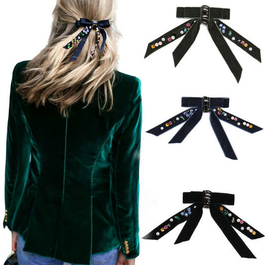 VELVET BOW PERSONALIZED DIAMOND PEARL HAIRPIN