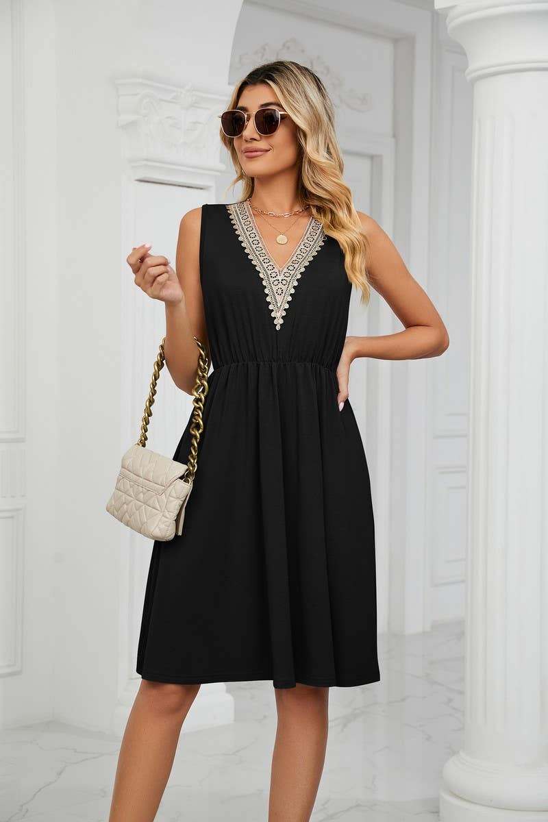 CWDSD3116_V-Neck Lace Trim Sleeveless Dress