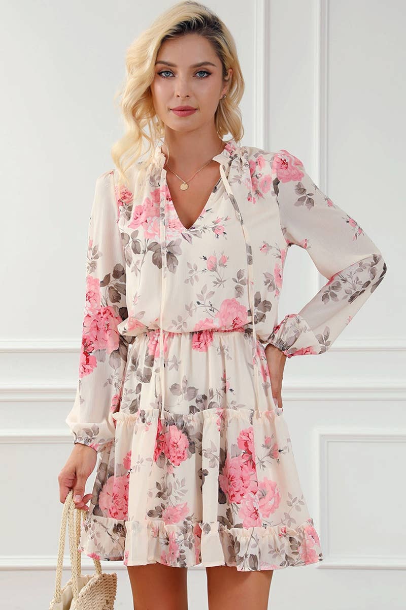 CWDSD5386_V-NECK HIGH-WAISTED LONG-SLEEVED DRESS SHORT