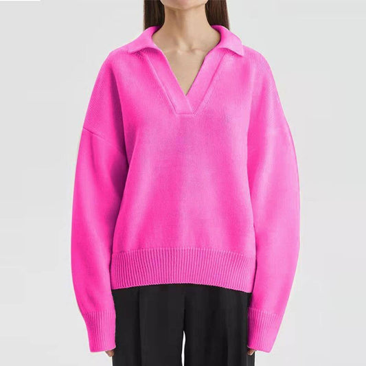 KNIT POLO COLLAR SOLID COLOR PULLOVER SWEATER