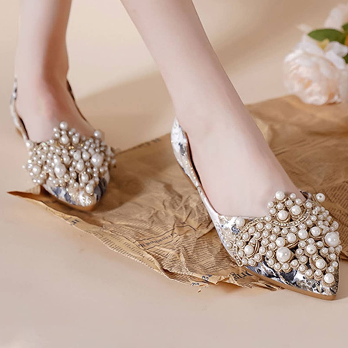 FAUX PEARL FLORAL PRINT DECOR FLAT SHOES FOR WOMAN