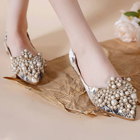 FAUX PEARL FLORAL PRINT DECOR FLAT SHOES FOR WOMAN