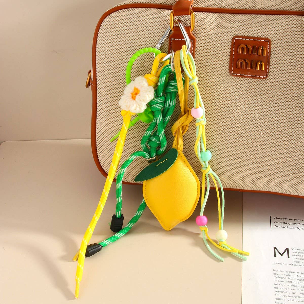 Lemon PU Charm Keychain with Beads & Flowers