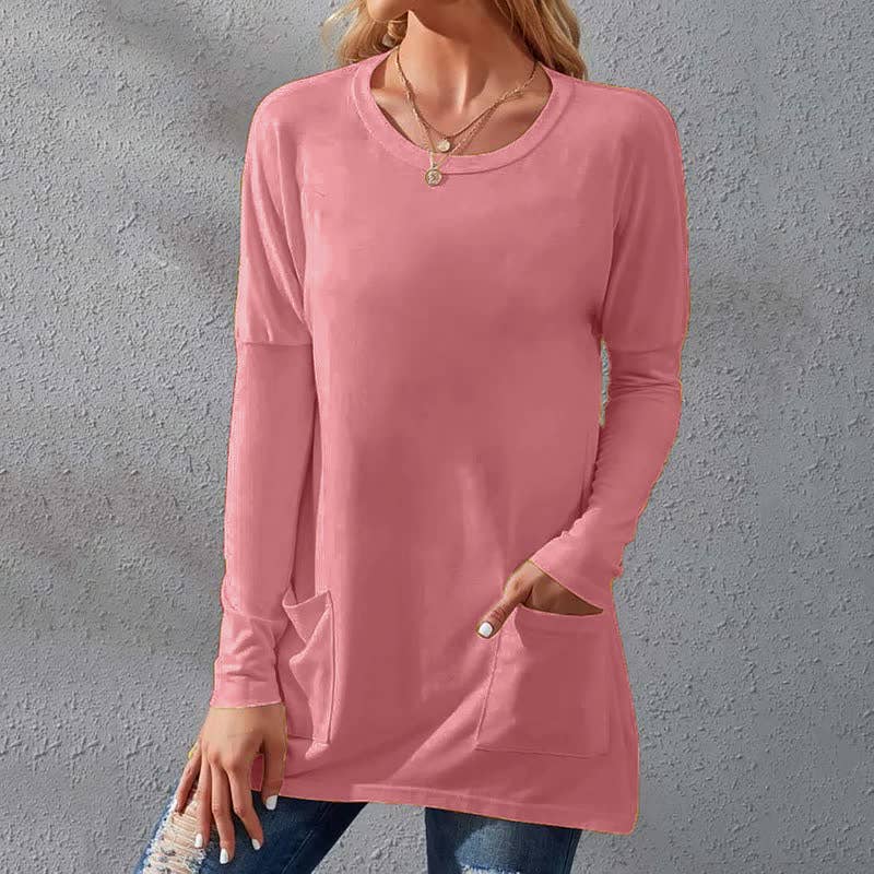 Solid-color loose round-neck pocket T-shirt