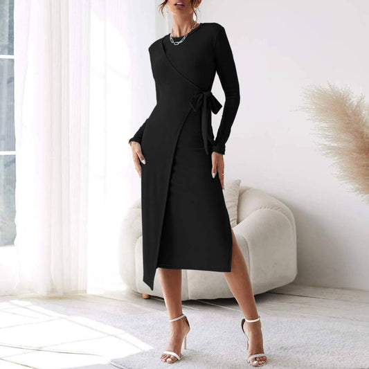 LACE-UP SLIM-FIT SPLIT HIP HIP LONG-SLEEVED DRESS