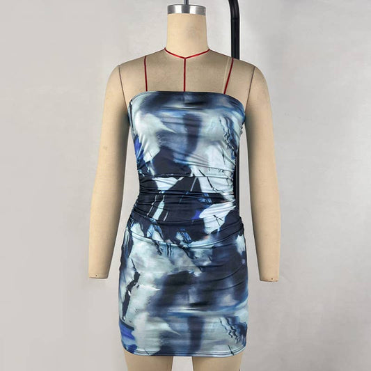 Backless Tie-Dye Ruched Bodycon Tube Dress