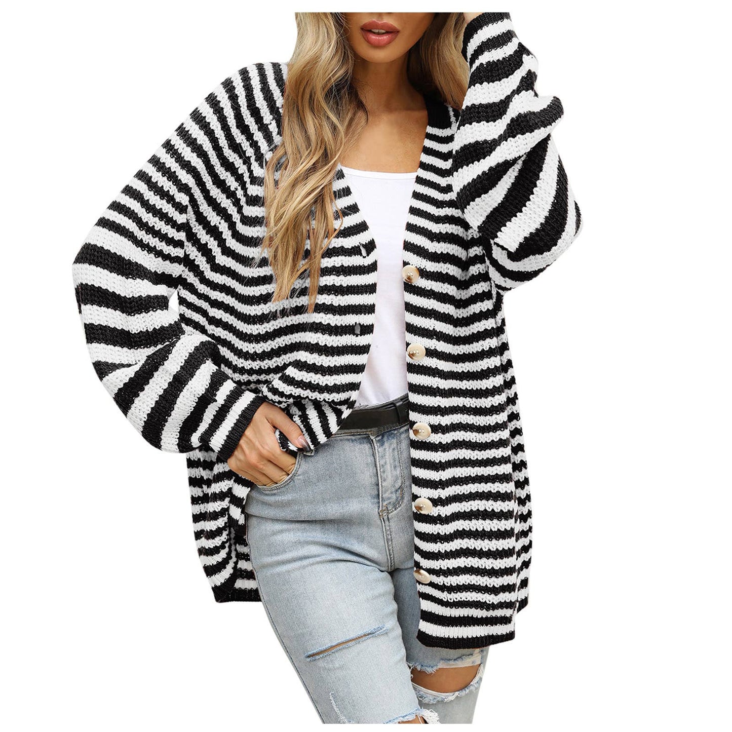 Single breasted loose striped cardigan knit coat