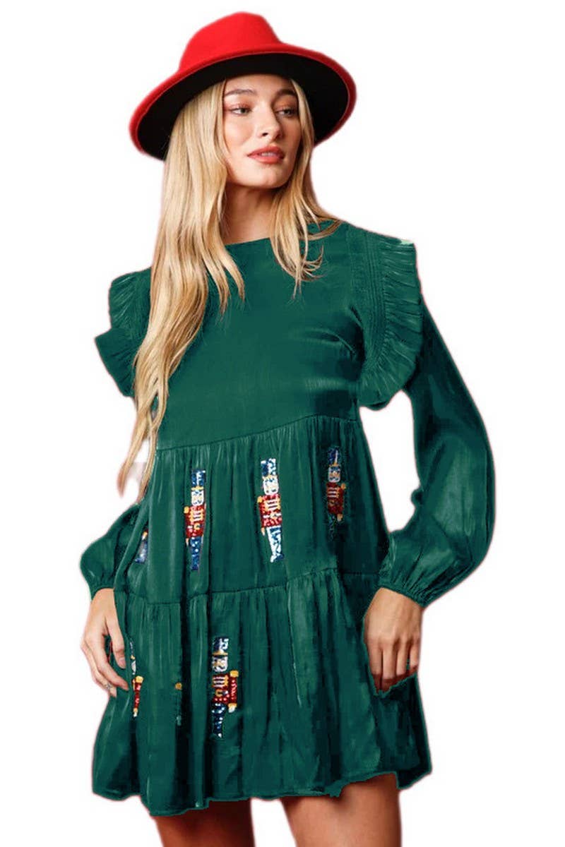 CWDSD10902_SEQUIN SOLDIER EMBROIDERY LONG SLEEVE DRESS