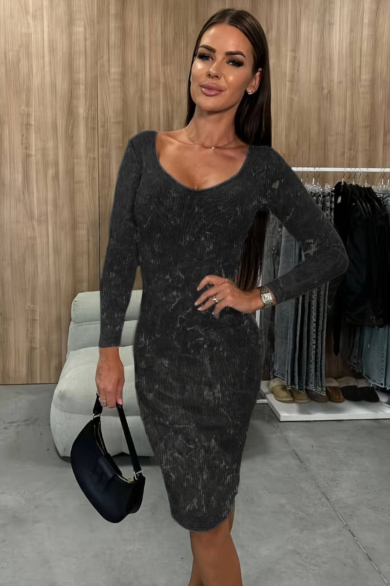 CWDSD6032_SOLID COLOR LONG SLEEVE V-NECK SLIM-FIT DRESS