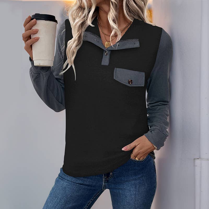 LAPEL ZIPPER CASUAL COLOR PATCHWORK HOODIE