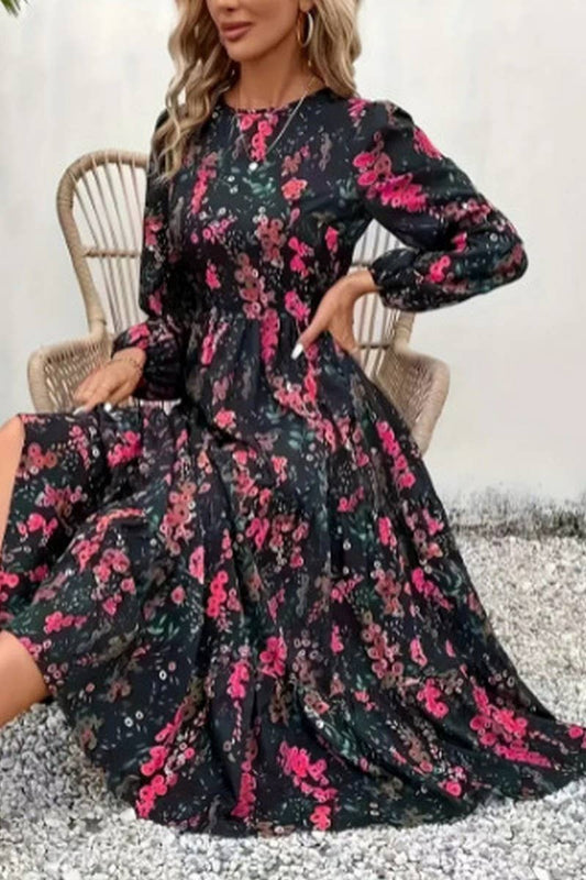 CWDMD6121_FLORAL PRINT CREW NECK LONG SLEEVE DRESS