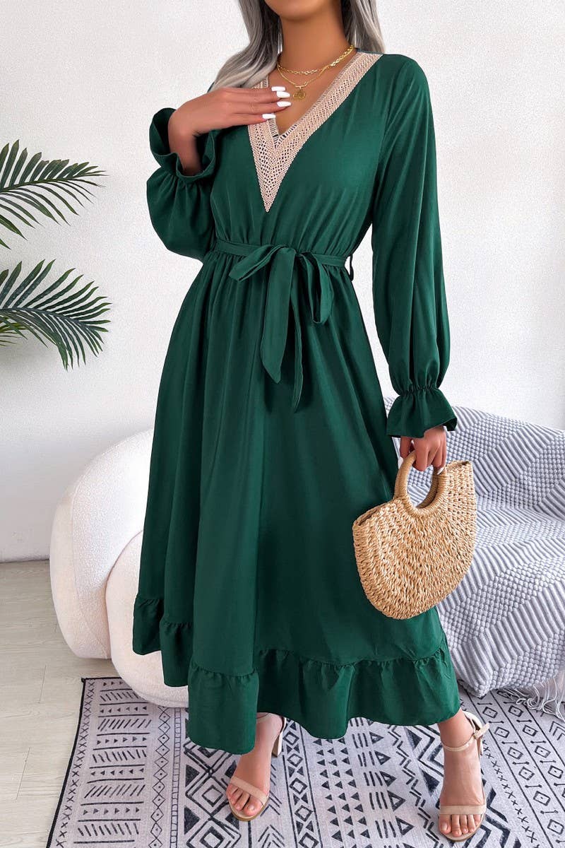 CWDMD4716_TEMPERAMENT V-NECK LACE WAIST RUFFLED LONG SKIRT