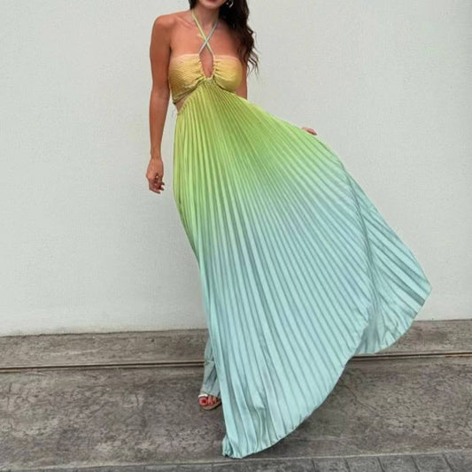 Gradient Halter Pleated Beach Vacation Dress