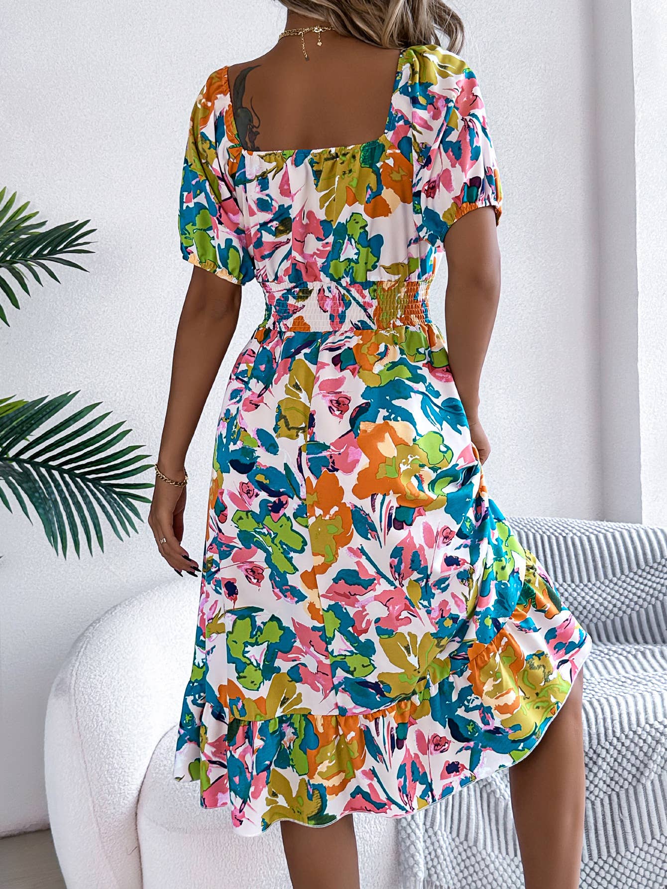 Printed square collar waist peplum A-line dress