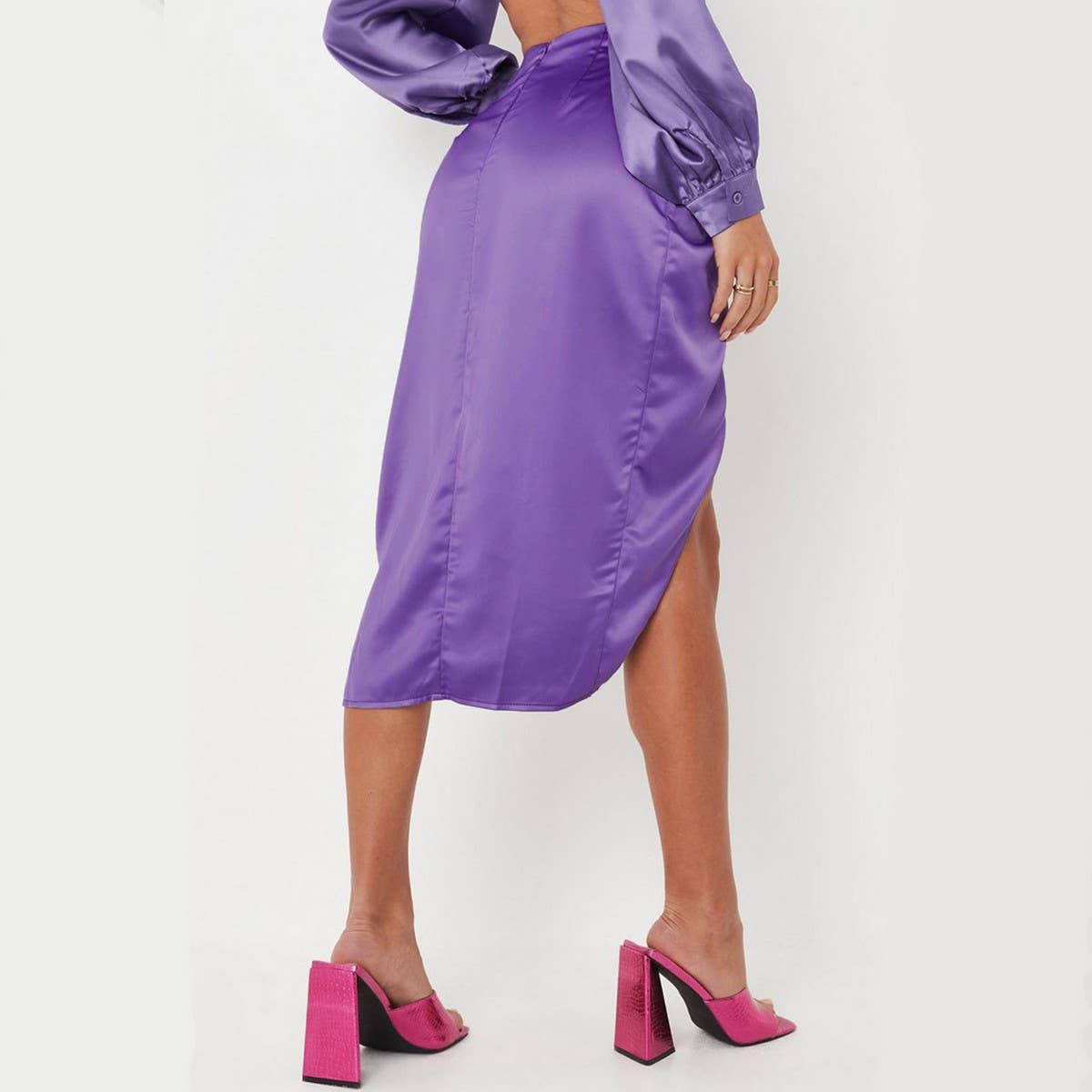 IRREGULAR SOLID COLOR SATIN HIP-LENGTH SKIRT